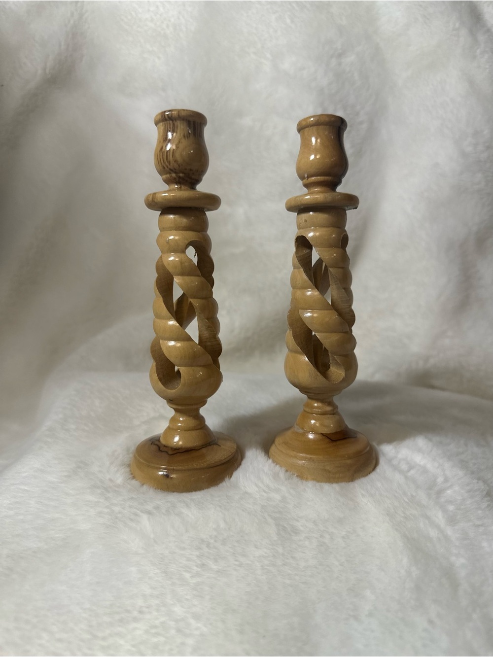 Handcrafted Twist Wood Candlestick Pair - Natural Brown